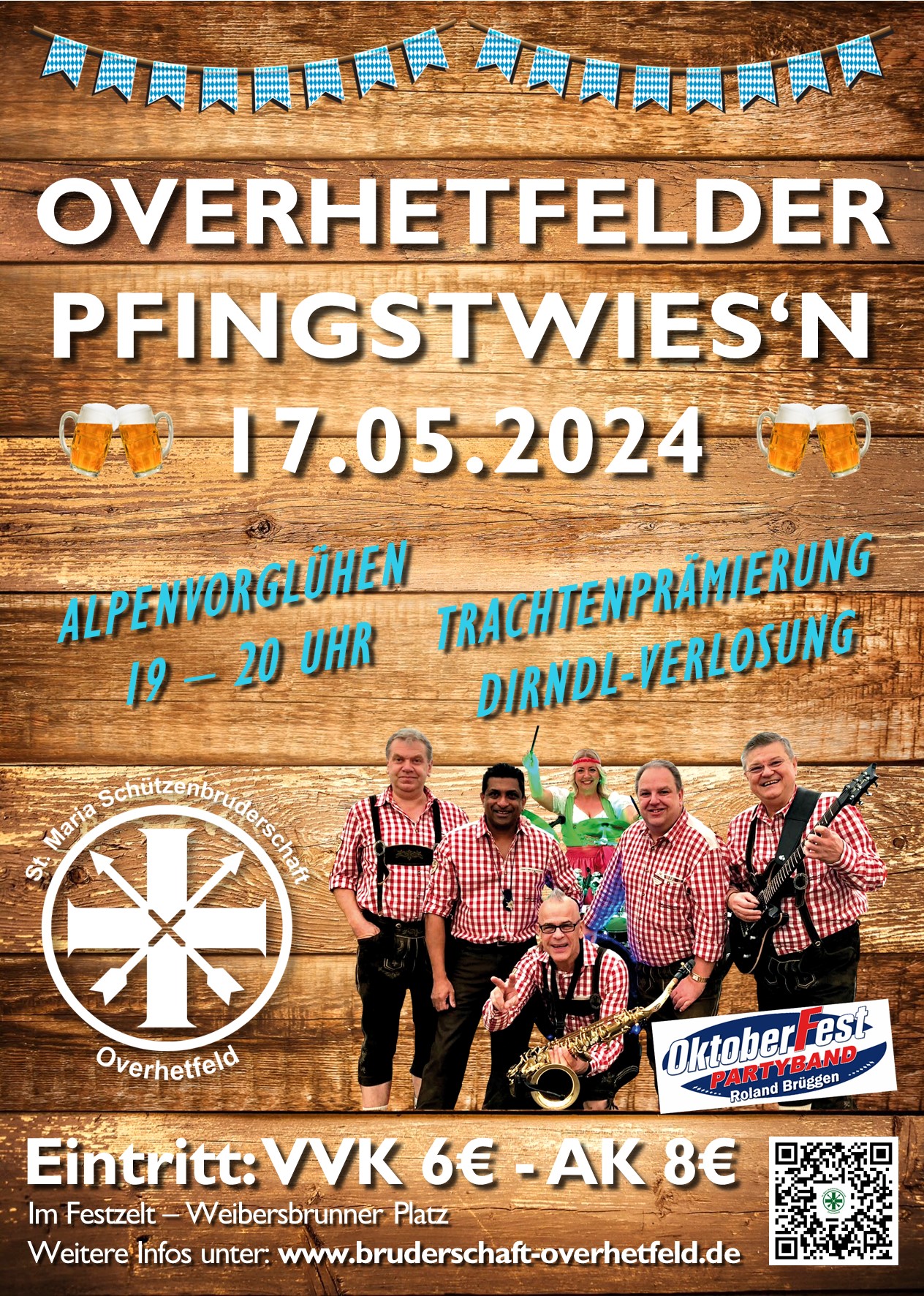 Flyer im alpinen Layout zu den Overhetfelder Pfingstwiesn am 17.05.24 mit Band in Tracht und Informationen zur Veranstaltung.
