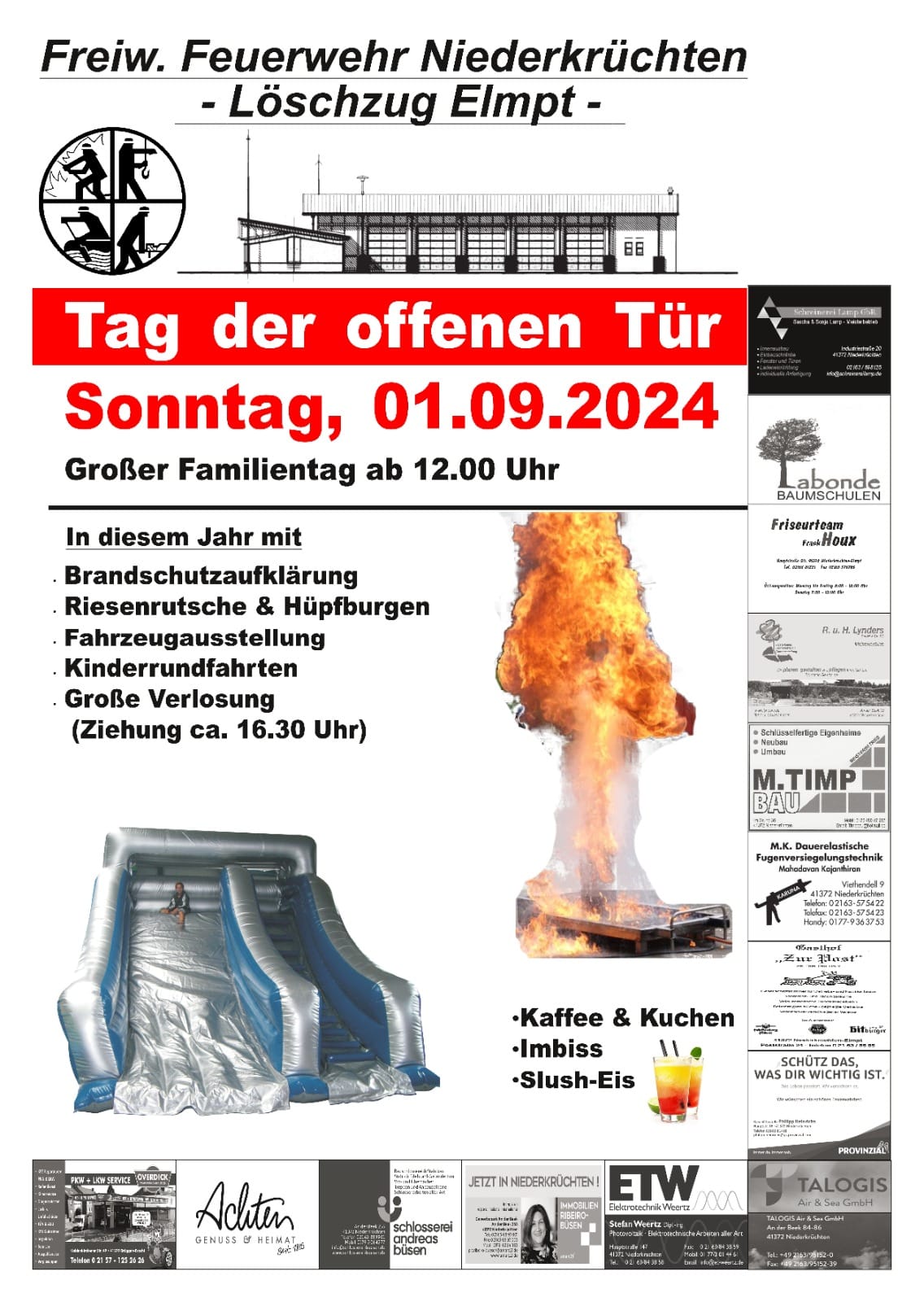 Plakat zum Tag der offenen Tür mit Feuerwehrabbildungen, einem Feuer und einer Rutsche.