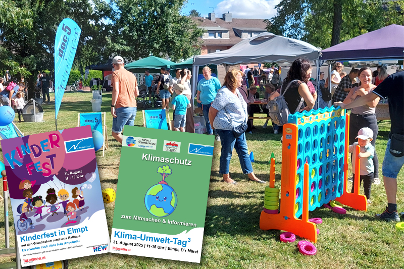 Spielende Kinder, ein großes "Vier gewinnt" Spiel sowie links unten die Plakate zum "Kinderfest 2025" und dem "Klima-Umwelt-Tag" in Elmpt