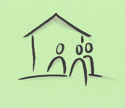 Piktogramm mit drei Personen und einem Haus Piktogramm mit drei Personen und einem Haus
