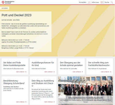 Es ist ein Screenshot der Internetseite Agentur für Arbeit (Ausbildungs-Speeddating "Pott und Deckel zu sehend.
