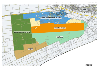Grobkonzept für die Entwicklung des Flughafengeländes. Farbig sind die Flächen für eine gewerbliche Entwicklung, für die Einrichtung erneuerbarer Energien sowie für Natur und den Golfplatz kenntlich gemacht