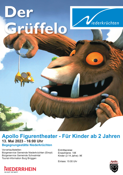 Plakat mit dem Grüffelo, der eine Maus mit der Hand hochhält