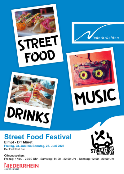 Plakat mit weißen Polaroid Bildern von Street Food, Drinks und Music