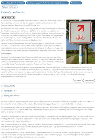 Screenshot der Website des Kreises Viersen mit Inhalten zu ausgewählten Radtouren