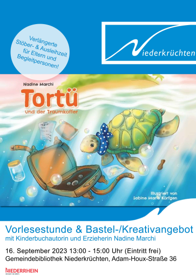 Plakat zur Vorlesestunde & Bastel- sowie Kreativangebot in der Bibliothek in Niederkrüchten