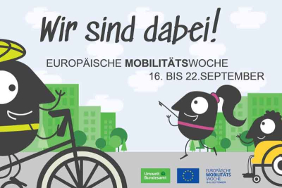 Ankündigungsplakat zur Europäischen Mobilitätswoche im Kreis Viersen. Stilisiert sind ein Radfahrer, ein Fußgänger und ein Rollstuhlfahrer zu sehen.