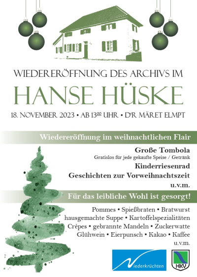 Bild mit Haus, Weihnachtskugeln, Tannenbaum und Text