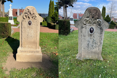 Der Grabstein Barteld vor (rechts) und nach (links) der Sanierung. Links ist der Schriftzug „Geliebt und unvergessen" zu erkennen.