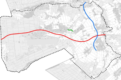 Eine Karten aus dem "Lärmaktionsplan 4. Runde" mit einem Ausschnitt der Gemeinde Niederkrüchten sowie in rot, blau und grün markierten Straßenzügen