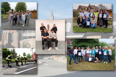 Fünf Fotos von Gruppen ehrenamtlich tätiger Menschen in Niederkrüchten. Im Hintergrund das Rathaus der Gemeinde Niederkrüchten.