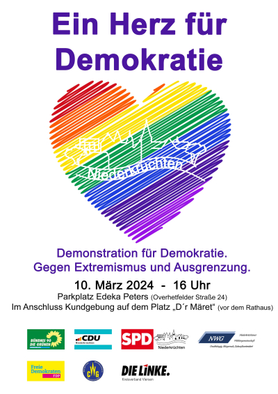 Plakat für Ein Herz für Demokratie am 10.03.2024. Es ist ein bunt gestreiftes Herz mit der Silhouette von Niederkrüchten zu sehen.