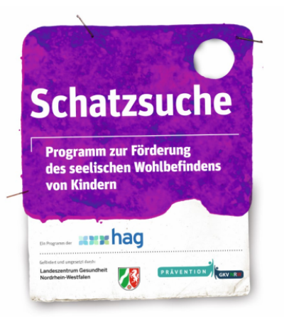 Logo des Programms "Schatzsuche" visualisiert als lilafabener Zettel mit einem Loch in der rechten oberen Ecke. Im Fuß (weiß) die an der Förderung beteiligten Akteure.