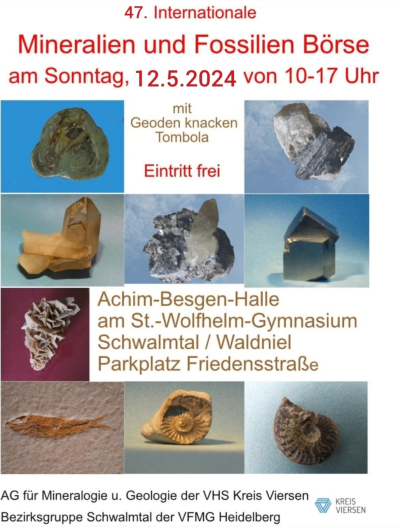Plakat mit Angaben zum Datum, Zeit und Ort sowie Bildern von Mineralien und Fossilien.
