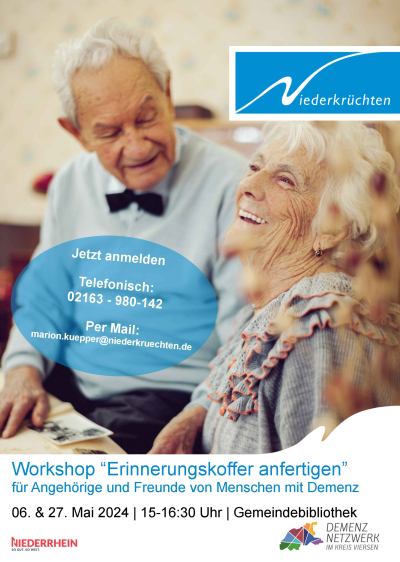 Plakat zum Workshop mit Datum- und Ortsangaben sowie Anmeldemöglichkeiten. Im Hintergrund sieht man einen älteren Mann und eine Frau lachen. Er blickt sie von der Seite an.