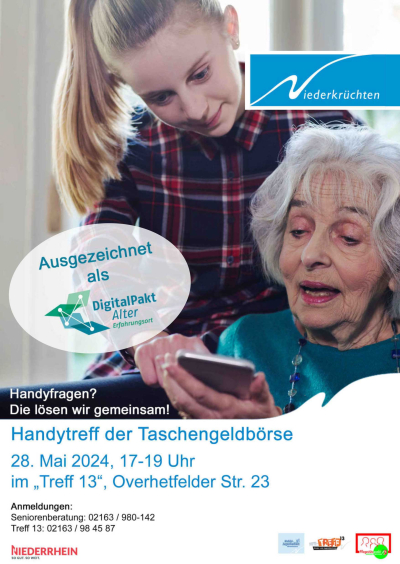 Plakat mit Informationen zum Handytreff mit Ort- und Zeitangaben. Im Hintergrund ist eine Jugendliche zu sehen, die einer Seniorin etwas auf dem Smartphone zeigt.