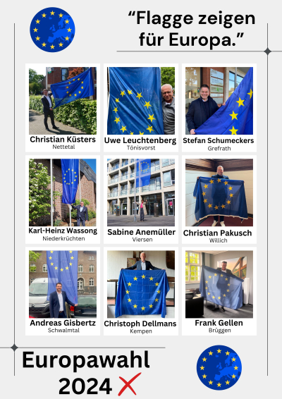 Fotos der Bürgermeister und Bürgermeisterin der Kommunen im Kreis Viersen jeweils mit einer EU-Flagge