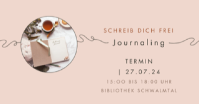 Rosafarbenes Bild mit einem runden Ausschnitt auf dem ein Buch mit selbstgeschriebenen Text und eine Tasse Tee zu sehen ist. Auf dem Bild sind außerdem noch Informationen zur Veranstaltung zu sehen.