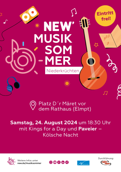 Burgunderfarbenes Plakat mit Informationen zur Veranstaltung. Auf dem Plakat sind zudem noch Noten und ein Notenbuch, Luftschlangen, eine Gitarre, ein blauer Kopfhörer und ein iPod im Comicstil zu sehen.