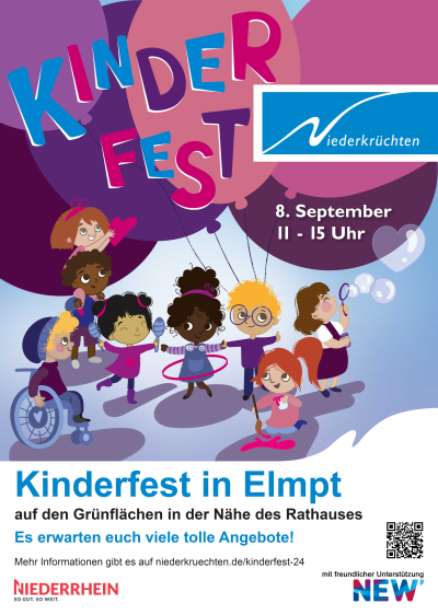Plakat mit Ballons (Pink- und Lila-Farbtöne) mit Kindern die spielen, malen, Seifenblasen pusten im Comic-Stil.