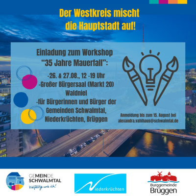 Bild mit Stadt bei Dämmerung im Hintergrund. Im Vordergrund sind Informationen zum Workshop zu sehen sowie zwei Pinsel und eine Glühbirne im Comic-Stil.