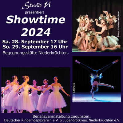 Flyer mit Informationen zur Benefizveranstaltung. Es sind mehrere Bilder mit tanzenden Personen in Ballettkostümen auf einer Bühne zu sehen.