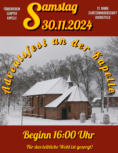 Plakat zum Adventsfest mit schneebedeckter Kapelle, Bäumen und Boden. 