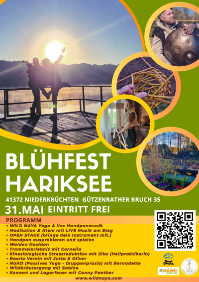 Grün-gelbes Plakat mit Programminformationen zum Blühfest sowie runden Bildausschnitten mit zwei Personen im Sonnenuntergang am Hariksee, Korbflechten, Mann mit Handpan, Frau mit Bogen in der Hand und einem Garten mit bunten Blumen im Vordergrund.
