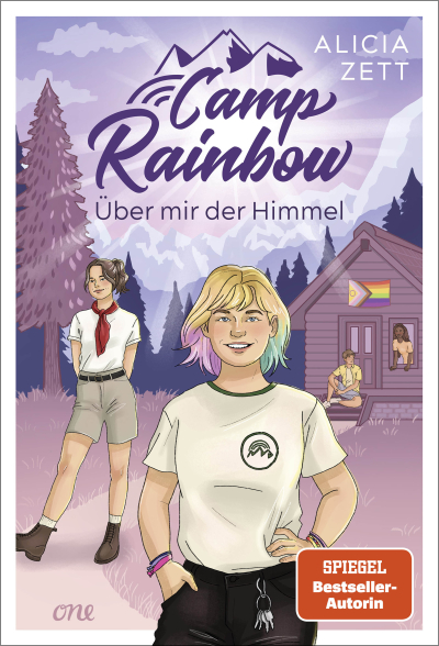 Gemaltes Buchcover mit einer Person mit blondem Bob-Haarschnitt und pink und grünen Haarspitzen im Vordergrund. Schräg hinter der Person steht eine andere Person im „Pfadfinder-Outfit“. Im Hintergrund sind eine Blockhütte mit zwei Personen und einer LGBTQ+-Flagge an der Hauswand sowie eine Wald/Berglandschaft zu sehen.