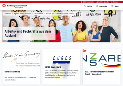 Screenshot der Website "Arbeits- und Fachkräfte aus dem Ausland" der Agentur für Arbeit