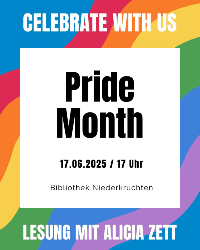 Bild mit Informationen zur Lesung und Pride-Flagge im Hintergrund