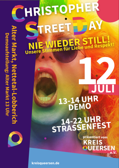 Buntes Plakat mit Informationen zum CSD 2025 in Nettetal. Im Hintergrund ist eine Frau mit Sonnenbrille zu sehen.