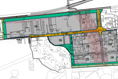 Ausschnitt des Bebauungsplans Elm-137. Zu sehen ist die Planung von Gewerbe- und Industrieflächen sowie die Wege und Straßen.