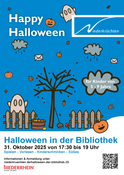Plakat mit blauem Hintergrund und Kürbissen, Gespenstern, Regenwolken sowie Briefen und Blättern, die durch die Luft fliegen.
