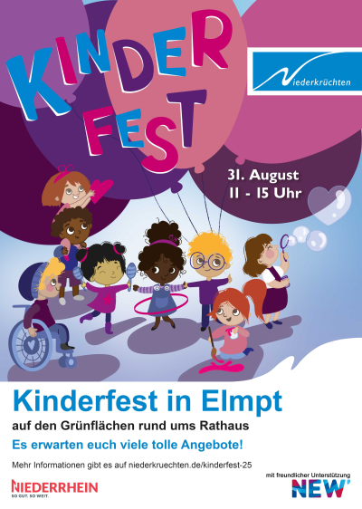 Plakat mit Ballons (Pink- und Lila-Farbtöne) mit Kindern, die spielen, malen, Seifenblasen pusten im Comic-Stil.