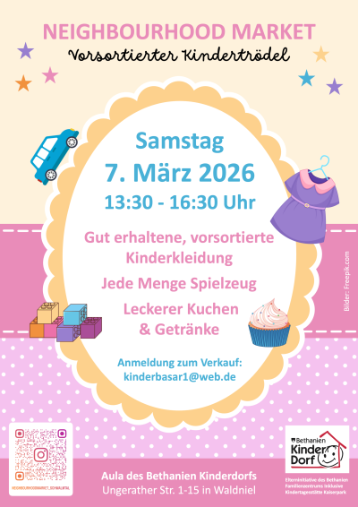 Plakat in gelb und rosa sowie Informationen zum Kindertrödel.