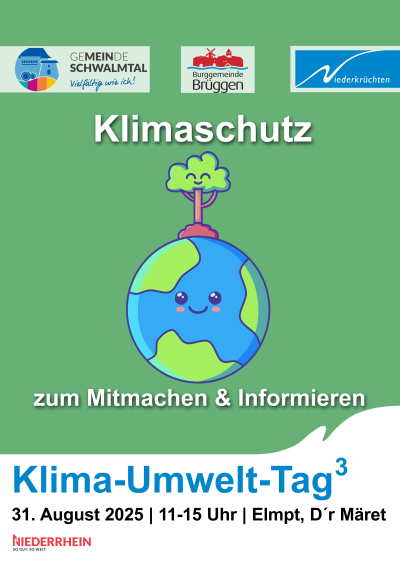 Plakat zum "Klima-Umwelt-Tag 2025". Unter den Logos der Gemeinden Schwalmtal, Brüggen und Niederkrüchten eine gemalte Erde mit einem darauf wachsenden Baum. Im Fuß die Daten zur Veranstaltung.