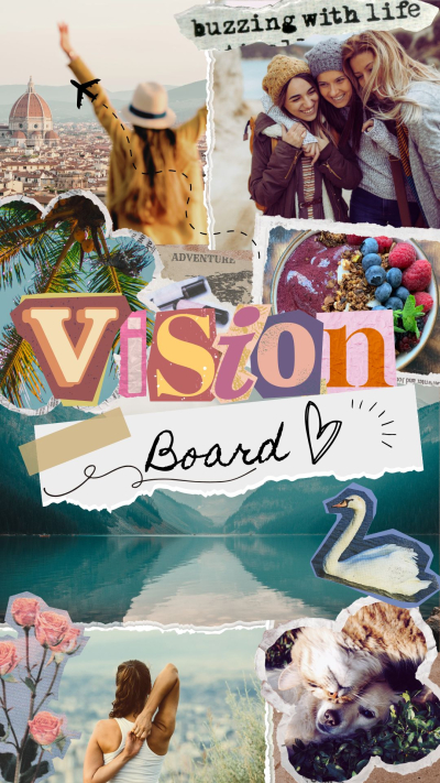 Vision Board mit Bildern von Freundinnen, Reisen, Tieren und Natur.