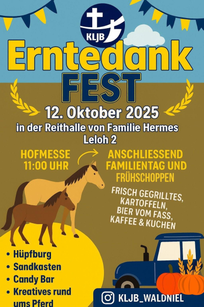 Illustriertes blau-braunes Poster mit Informationen zum Fest. Es sind 2 Pferde, ein Traktor und zwei Kürbisse abgebildet. Oben auf dem Plakat befindet sich eine blau-gelbe Wimpelkette und 2 Ähren.