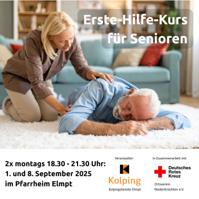 Ein älterer Mann liegt bewusstlos auf dem Boden. Eine ältere Frau kniet neben ihm, um sich um ihn zu kümmern.
